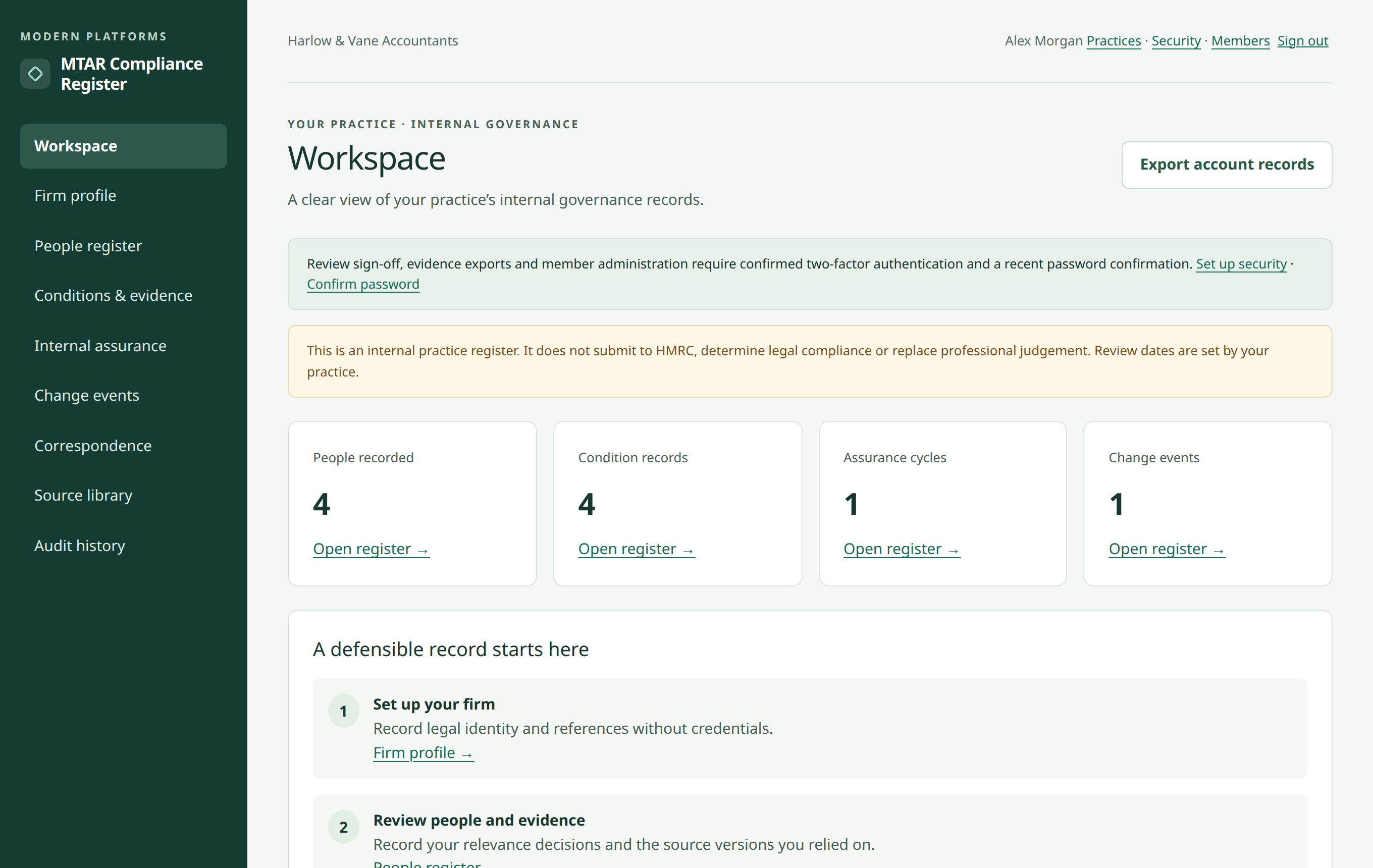 The MTAR Compliance Register workspace overview showing counts of people, conditions, assurance cycles and change events